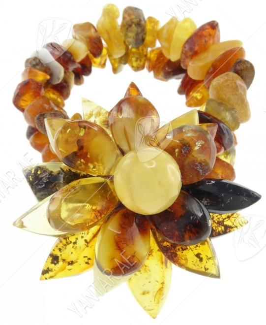 Double row amber bracelet with flower